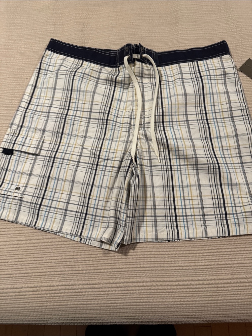 Merona Plaid Swim Trunks in White, Navy, and Yellow
